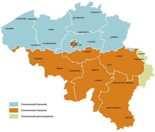 Carte de la Belgique présentant les 3 communautés (voir en grand)